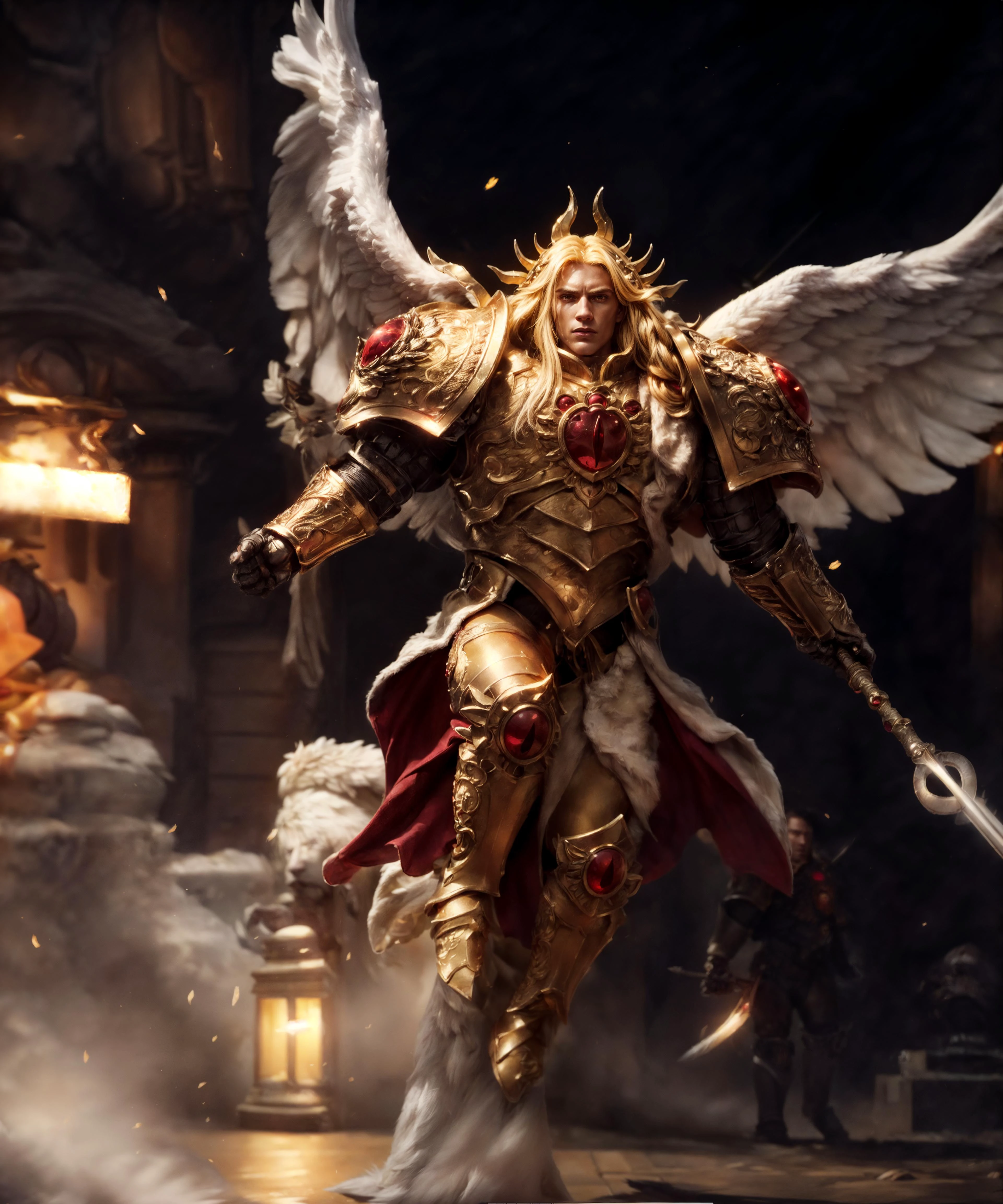 full body, action shot with cinematic camera, epic photographic portrait of SANGUINIUS, wearing ornate golden armor with two giant angel (feathered wings:1.3), breastplate, pauldrons, leg armor, armored boots, armored gloves, archangel, fur trim, animal pelt, matte metal texture on armor, red glow, red pelvic curtain, (broad shoulders:1.3), tall, (laurel wreath, glowing halo:1.1), holding weapon, (spear:1.3), midair, jumping, (charging forward:1.3),
man, (knight, rugged warrior, mature, masculine, square jaw, sharp facial features:1.2), (aquiline nose:1.2), chiseled, detailed matte skin texture, skin imperfections, skin pores, realistic skin, detailed eyes, blue glowing eyes, detailed pupils, long blonde hair, frustrated, looking at viewer,
(outdoors:1.2), dim lighting, imperial palace, city gates, war background, battle background, (warhammer 40k:1.2), soft lighting, subsurface scattering, cinematic color grading, postprocessing, realistic, heavy shadow, masterpiece, best quality, hyperrealistic, 8k, Intricate, High Detail, film photography, soft focus
<lora:Elixir:0.4> <lora:more_details:0.6> <lora:Sanguinius MK3 by CARAXES:0.75>