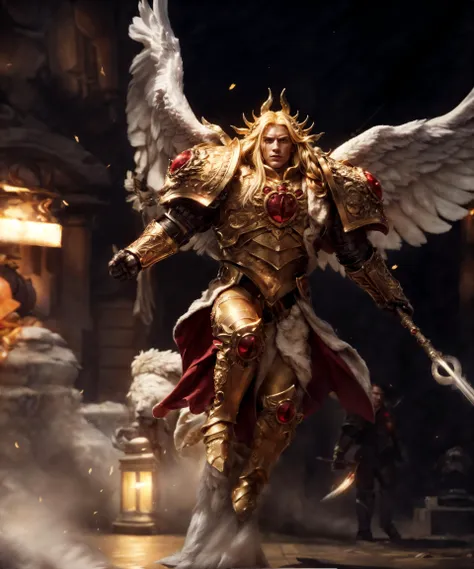 full body, action shot with cinematic camera, epic photographic portrait of SANGUINIUS, wearing ornate golden armor with two giant angel (feathered wings:1.3), breastplate, pauldrons, leg armor, armored boots, armored gloves, archangel, fur trim, animal pelt, matte metal texture on armor, red glow, red pelvic curtain, (broad shoulders:1.3), tall, (laurel wreath, glowing halo:1.1), holding weapon, (spear:1.3), midair, jumping, (charging forward:1.3),
man, (knight, rugged warrior, mature, masculine, square jaw, sharp facial features:1.2), (aquiline nose:1.2), chiseled, detailed matte skin texture, skin imperfections, skin pores, realistic skin, detailed eyes, blue glowing eyes, detailed pupils, long blonde hair, frustrated, looking at viewer,
(outdoors:1.2), dim lighting, imperial palace, city gates, war background, battle background,  (warhammer 40k:1.2), soft lighting, subsurface scattering, cinematic color grading, postprocessing, realistic, heavy shadow, masterpiece, best quality, hyperrealistic, 8k, Intricate, High Detail, film photography, soft focus
<lora:Elixir:0.4> <lora:more_details:0.6> <lora:Sanguinius MK3 by CARAXES:0.75>