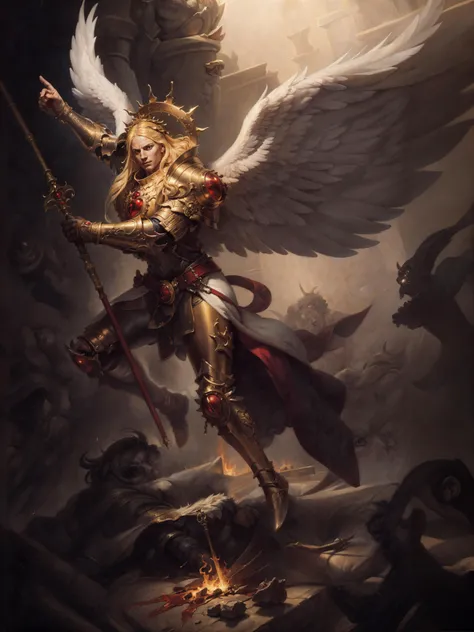 ((best quality)), ((masterpiece)), ((realistic)), (detailed), baroque portrait of 1man, Caravaggio, Rembrandt, extremely detailed oil painting, renaissance, classicism, sharp focus, detailed face,
1man, angelic features, ANGEL, looking at the viewer, long blond hair, glowing eyes, grim, masculine, square jaw, focused,
upper body, war background, ruined gate, giant wall, burning city, palace,
<lora:Sanguinius MK3 by CARAXES:0.6> <lora:Rembrandt:0.35>