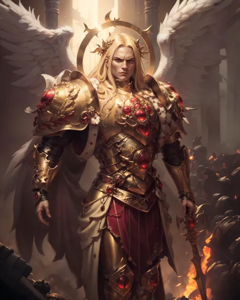 ((best quality)), ((masterpiece)), ((realistic)), (detailed), baroque portrait of a man, extremely detailed oil painting, sharp focus, detailed face, grim, warrior, knight, masculine, (square jaw), focused, (detailed skin, skin pores, skin imperfections:1.2), (action SHOT), (action pose), glowing eyes, 
1man, angelic features, ANGEL, looking at another, (looking to the side:1.3), long blond hair, glowing eyes, ((glowing halo)),
holding weapon, (spear), full armor, intricately detailed armor, pauldrons,
RAW photo, film grain, photorealistic,
<lora:Sanguinius MK3 by CARAXES:0.65> <lora:artstyle - Miura_08:0.3>