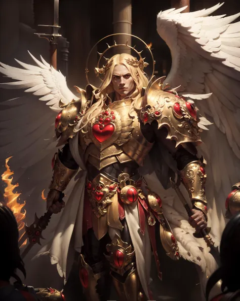((best quality)), ((masterpiece)), ((realistic)), (detailed), baroque portrait of 1man, Caravaggio, Rembrandt, extremely detailed oil painting, renaissance, classicism, sharp focus, detailed face, (action SHOT), (action pose),
1man, angelic features, ANGEL, 2wings, looking at the viewer, long blond hair, glowing eyes, ((glowing halo)), grim, masculine, square jaw, focused, tall stature, oversized giant wings, feathered wings
(((holding weapon))), (spear), full armor, power armor, shining golden armor, intricately detailed armor, pauldrons, shoulder armor, fur pelt,
upper body, war background, ruined gate, giant wall, burning city, palace,
<lora:Sanguinius MK3 by CARAXES:0.68> <lora:artstyle - Miura_08:0.4>