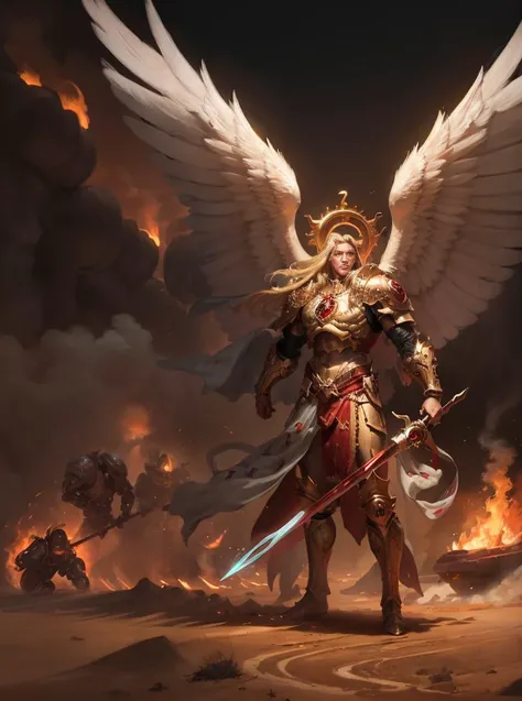 8K masterpiece, detailed, realistic, digital art, octane render, trending on artstation, action SHOT, poster,
multipleman, angelic features , 28 years old, tall stature, battle aged, ((solo:1.5)), full body, blonde hair, blue eyes, long hair,
full armor, power armor, laurel wreath, glowing halo, multiple wings, pauldron, angel, animal pelt, sword, spear,
blood, flame, destruction, desert wasteland, war background, dueling enemy, hectic battle,
(sanguinius),
<lora:Sanguinius MK3 by CARAXES:0.6> <lora:artstyle - gustavedore - artstyle :0.6>