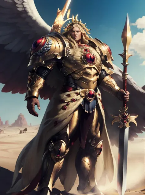 8K masterpiece, detailed, realistic, digital art, octane render, trending on artstation, action SHOT, movie poster,
1man, angelic features , 28 years old, tall stature, battle aged, ((solo:1.5)), full body, blonde hair, blue eyes, long hair,
full armor, power armor, laurel wreath, glowing halo, multiple wings, pauldron, angel, animal pelt, sword, spear, 
desert wasteland, war background,  standing by cliff side, 
(sanguinius:1.4), 
 <lora:Sanguinius MK3 by CARAXES:0.7>