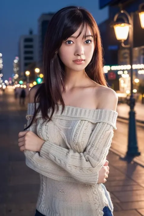 1girl, (wearing an off-shoulder knit top:1.6),(RAW photo, best quality), (realistic, photo-realistic:1.4), masterpiece, an extremely delicate and beautiful, extremely detailed, 2k wallpaper, Amazing, finely detail, extremely detailed CG unity 8k wallpaper, ultra-detailed, highres, soft light, beautiful detailed girl, extremely detailed eyes and face, beautiful detailed nose, beautiful detailed eyes,(cinematic lighting:1.4),(in the city at night:2.0),perfect anatomy,(slender body:1.2),(close up face:1.8),(gentle smile,Friendly, warm:2.0),(looking at viewer:1.8),(japanese idol:1.8),(wavy long hair:1.6), (brown eyes:1.8),(standing:2.0),(cleavage:1.6), <lora:suzuharanozomi_lora-11:0.8>