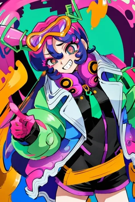 (masterpiece, best quality, highres, ultra detailed:1.2), (solo, 1girl, cowboy shot), dokumiku, twintails, gloves, goggles on head, multicolored hair, pink eyelashes, purple eyes, green jacket, BREAK, grin, teeth, (dynamic pose, crazy, mad scientist), (multicolored background)
