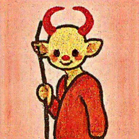 incredibly absurdres,huge filesize,wallpaper,yellow skin,red powder blusher on the face,a red nose,there is a black border on the outermost part of the skin,(xiong:1.2),demon,2D,with demon horns on his head,holding a black trident in hand,has a black slender tail,the tail tip is a triangle,