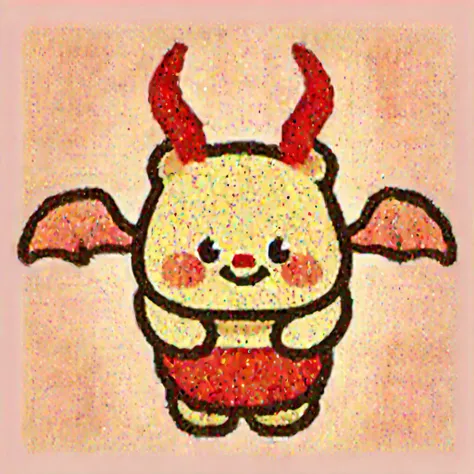 incredibly absurdres,huge filesize,wallpaper,yellow skin,red powder blusher on the face,a red nose,there is a black border on the outermost part of the skin,(xiong:1.2),(demon:0.9),2D,(with demon horns on his head:0.9),(holding a black trident in hand:0.9),the tail tip is a triangle,(kawaii:1.2),(has a pair of red wings:0.9),