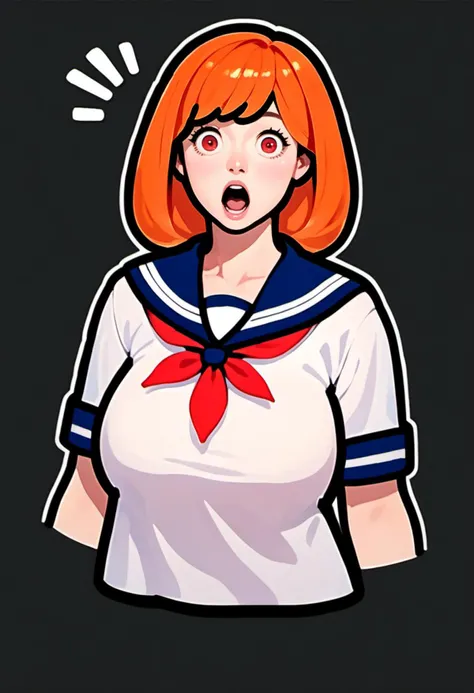 asterpiece,best quality,highly detailed,score_9,score_8_up,score_7_up,score_6_up, 1girl, solo, realistic, large breasts, huge breasts, looking at viewer, orange hair, (detailed Red eyes), Topknot, surprised, open mouth, wide-eyed, Sailor_Uniform, <lora:SimpleOutlinePony1.0:0.95> outline,