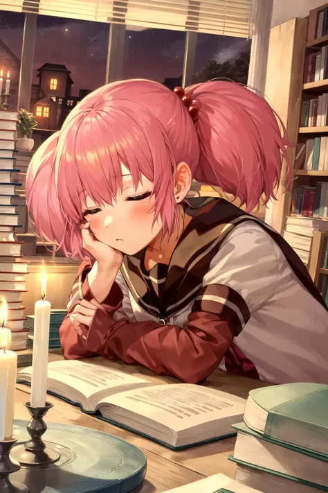 masterpiece, best quality, 1girl,  <lyco:Chinatsu-000010:1.0>, yoshikawa chinatsu, hair bobbles, sailor dress, night, dark, dim candlelight, candle, messy study room, many books, grimoire, book stock, sleepy, head rest, vase