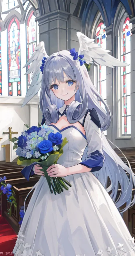 masterpiece, best quality, highly detailed, 1girl, solo, meliaxc3 <lora:Melia_XC3:0.7>, head wings, white weeding dress, holding a bouquet of blue flowers, in the church, smile
