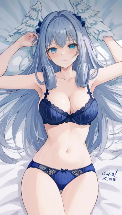masterpiece, best quality, highly detailed, 1girl, solo, meliaxc3, head wings,  <lora:Melia_XC3:0.7>,  underwear, lying in bed, view on top, cleavage