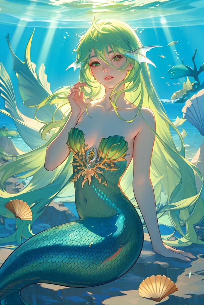 masterpiece, high quality, sharp focus, a mermaid, flowing green hair, covered in seashells and seaweed, many fishes, ocean, perfect face, perfect jawline, textured skin, beautiful lips, sunbeams, warm lighting, cool atmosphere, 8k, uhd, absurdres