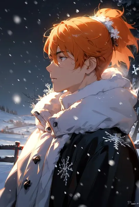 masterpiece, best quality, 1boy, samurai, short orange hair, ponytail, winter, snow, snowing, snowflakes, volumetric lighting, rim lighting