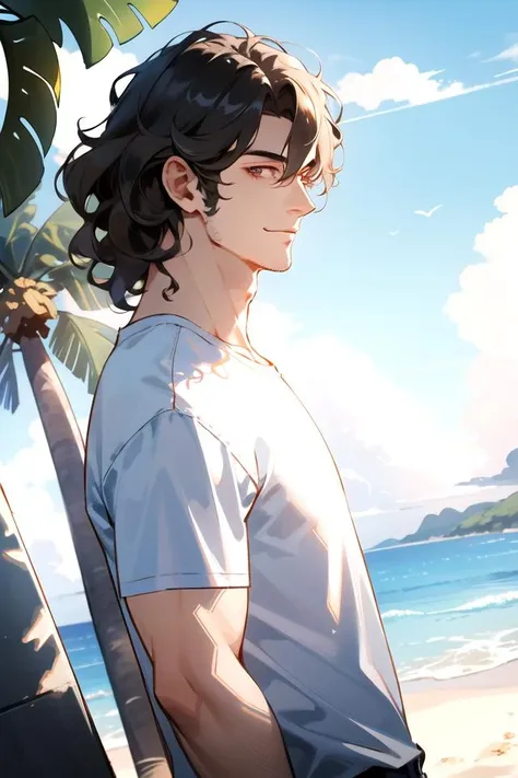 masterpiece, best quality, 1 male, adult, tall muscular, handsome, finely detailed eyes, intricate details, casual clothes, Beach, palm tree, smile, dutch angle, from side, wavy hair