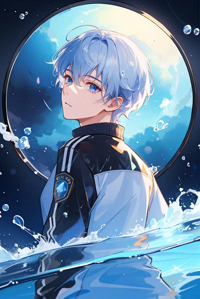 masterpiece, best quality, 1boy, face closeup, dynamic angle, looking back, denim jackeet, short hair, bubble, Reflected mirror, floating, Bubble Swirling, water splash, detailed delicate night sky, stars,
