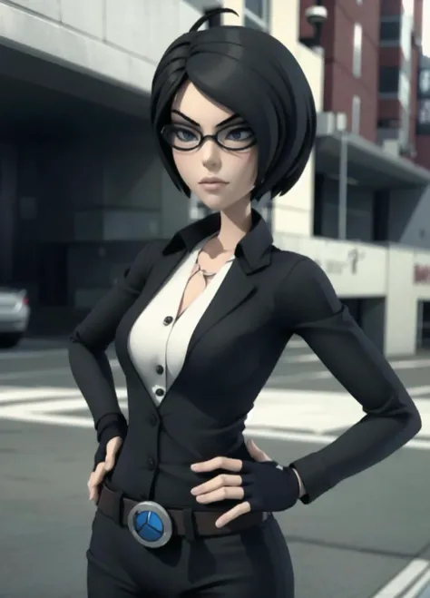<lora:chase:1>,1girl, solo, short hair, black hair, gloves, glasses, fingerless gloves, (tight shirt:1.2), (cowboy shot:1.3), 3d, masterpiece,