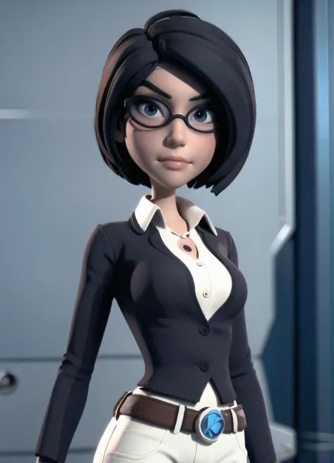 <lora:chase:1>, 1girl, black hair,short hair, blue eyes, glasses,  (cowboy shot:1.3), 3d, masterpiece