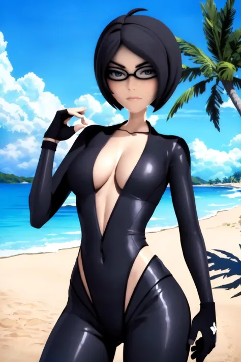 <lora:chase:1>, 1girl, short hair, black hair, glasses, blue eyes, cowboy shot , masterpiece, best quality, extremely detailed 8K wallpaper, skin tight, shinny, shiny clothes, best anatomy, detailed eyes, beautiful eyes, best shadow, ultra detailed,swimsuit, beach, sand, palm trees