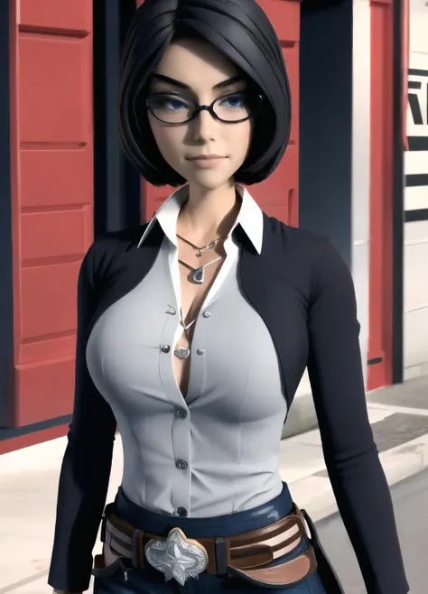 <lora:chase:1>, 1girl, black hair, blue eyes, glasses,  (cowboy shot:1.3), 3d, masterpiece