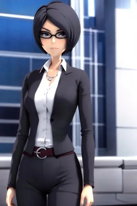 <lora:chase:1>, 1girl, short hair, black hair, glasses, blue eyes, cowboy shot , suit,skin tight shirt