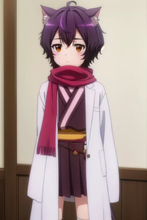 origacalmeria, <lora:origa calmeria s2-lora-nochekaiser:1>,
origa calmeria, short hair, purple hair, animal ears, (brown eyes:1.5), ahoge, cat ears, cat girl,
BREAK tail, japanese clothes, scarf, cat tail, sleeves past wrists, sleeves past fingers, labcoat, bandaged leg,
BREAK indoors,
BREAK looking at viewer, (cowboy shot:1.5),
BREAK <lyco:GoodHands-beta2:1>, (masterpiece:1.2), best quality, high resolution, unity 8k wallpaper, (illustration:0.8), (beautiful detailed eyes:1.6), extremely detailed face, perfect lighting, extremely detailed CG, (perfect hands, perfect anatomy),