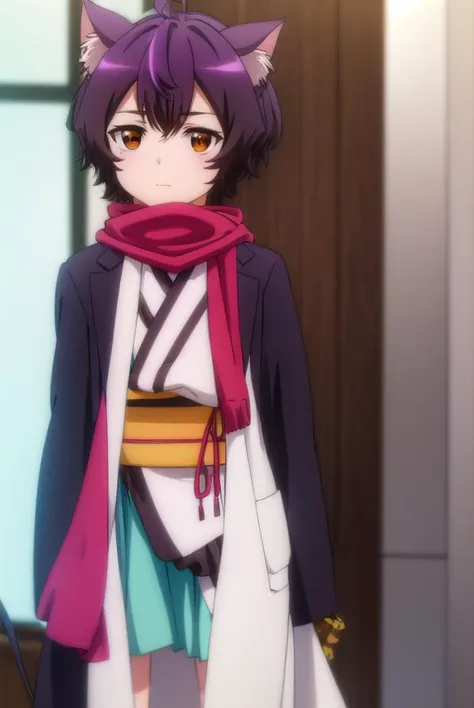 origacalmeria, <lora:origa calmeria s2-lora-nochekaiser:1>,
origa calmeria, short hair, purple hair, animal ears, (brown eyes:1.5), ahoge, cat ears, cat girl,
BREAK tail, japanese clothes, scarf, cat tail, sleeves past wrists, sleeves past fingers, labcoat, bandaged leg,
BREAK indoors,
BREAK looking at viewer, (cowboy shot:1.5),
BREAK <lyco:GoodHands-beta2:1>, (masterpiece:1.2), best quality, high resolution, unity 8k wallpaper, (illustration:0.8), (beautiful detailed eyes:1.6), extremely detailed face, perfect lighting, extremely detailed CG, (perfect hands, perfect anatomy),