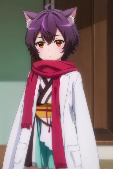 origacalmeria, <lora:origa calmeria s2-lora-nochekaiser:1>,
origa calmeria, short hair, purple hair, animal ears, (brown eyes:1.5), ahoge, cat ears, cat girl,
BREAK tail, japanese clothes, scarf, cat tail, sleeves past wrists, sleeves past fingers, labcoat, bandaged leg,
BREAK indoors,
BREAK looking at viewer, (cowboy shot:1.5),
BREAK <lyco:GoodHands-beta2:1>, (masterpiece:1.2), best quality, high resolution, unity 8k wallpaper, (illustration:0.8), (beautiful detailed eyes:1.6), extremely detailed face, perfect lighting, extremely detailed CG, (perfect hands, perfect anatomy),