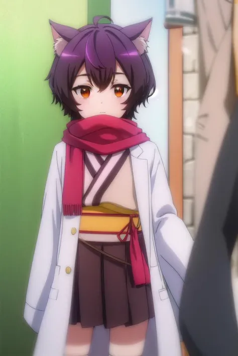 origacalmeria, <lora:origa calmeria s2-lora-nochekaiser:1>,
origa calmeria, short hair, purple hair, animal ears, (brown eyes:1.5), ahoge, cat ears, cat girl,
BREAK tail, japanese clothes, scarf, cat tail, sleeves past wrists, sleeves past fingers, labcoat, bandaged leg,
BREAK indoors,
BREAK looking at viewer, (cowboy shot:1.5),
BREAK <lyco:GoodHands-beta2:1>, (masterpiece:1.2), best quality, high resolution, unity 8k wallpaper, (illustration:0.8), (beautiful detailed eyes:1.6), extremely detailed face, perfect lighting, extremely detailed CG, (perfect hands, perfect anatomy),