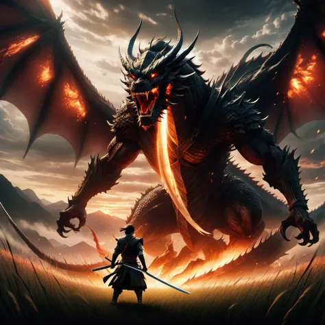 Climactic scene,a samurai with his katana standing in a field facing a distant giant dragon creature with a demonic face,glowing eyes,two outstretched wings,scaled muscular arms sharp claws,ready to start fight,intense scene,fire and air flows,8k ultrafine detail,attack on titan style,masterpiece,cinematic,(size difference),