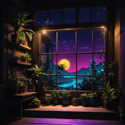 Nobody, (Night:1.2), scenery, windows, (plants:0.2), boards,masterpiece, best quality,sitting, (neon punk:0.4),night, open scene, master punk design, drama