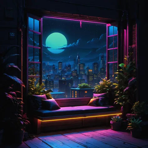 Nobody, (Night:1.2), scenery, windows, (plants:0.2), boards,masterpiece, best quality,sitting, (neon punk:0.4),night, open scene, master punk design, drama