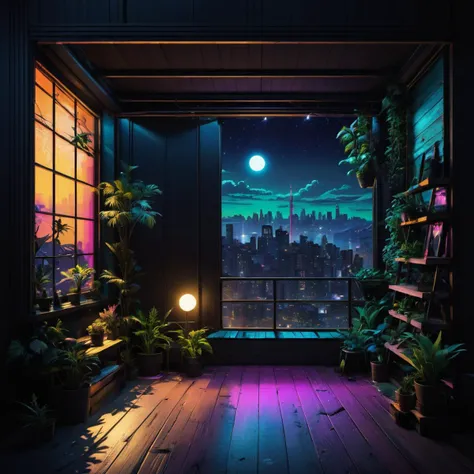 Nobody, (Night:1.2), scenery, windows, (plants:0.2), boards,masterpiece, best quality,sitting, (neon punk:0.4),night, open scene, master punk design, drama