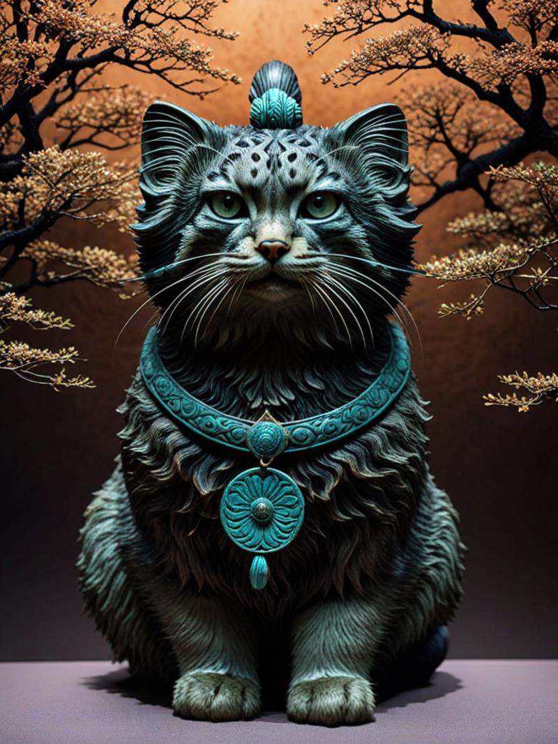 A close up of a cat statue with a tree in the background - SeaArt AI