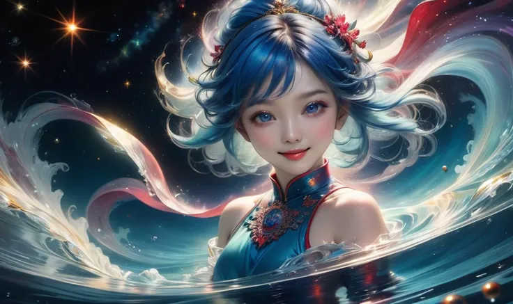 masterpiece,best quality,ultra-detailed,Ink wash painting,hyperdetailed painting,(nebula background:1.3),dynamic pose,1girl swimming in deep water,(see-through colorful cloth:1),(portrait:1.1),smile,pretty face,traditional chinese art style,(beautiful detailed water),((extremely delicate and beautiful girls)),dynamic angle,(beautiful detailed eyes),(detailed light),glowing eyes,pointy ears,blue hair,ruby right eye,enchanting eyes,ruby left eye,(sunlight),(detailed glow),(fractal art:1.1),( chiaroscuro,Fujicolor, UHD, super detail ,raw,85mm,f/1.2,FujifilmXT4,),