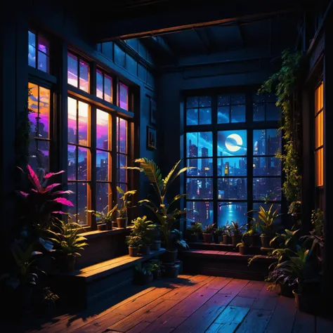 Nobody, (Night:1.2), scenery, windows, (plants:0.2), boards,masterpiece, best quality,sitting, (neon punk:0.4),night, open scene, master punk design, drama
