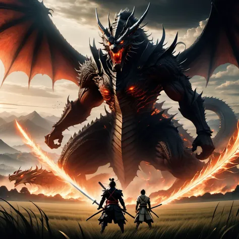 Climactic scene,a samurai with his katana standing in a field facing a distant giant dragon creature with a demonic face,glowing eyes,two outstretched wings,scaled muscular arms sharp claws,ready to start fight,intense scene,fire and air flows,8k ultrafine detail,attack on titan style,masterpiece,cinematic,(size difference),