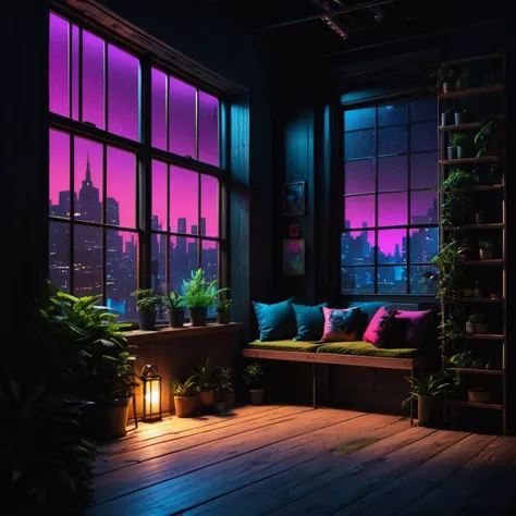 Nobody, (Night:1.2), scenery, windows, (plants:0.2), boards,masterpiece, best quality,sitting, (neon punk:0.4),night, open scene, master punk design, drama