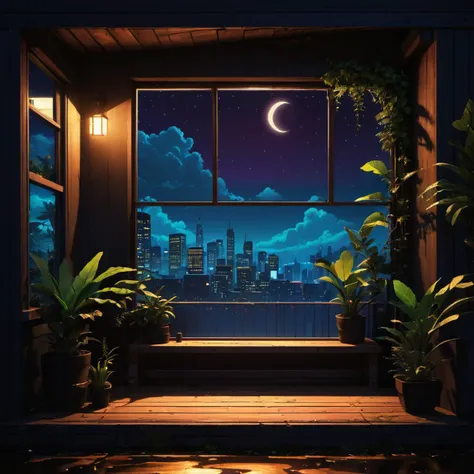 Nobody, (Night:1.2), scenery, windows, (plants:0.2), boards,masterpiece, best quality,sitting, (neon punk:0.4),night, open scene, master punk design, drama
