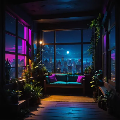 Nobody, (Night:1.2), scenery, windows, (plants:0.2), boards,masterpiece, best quality,sitting, (neon punk:0.4),night, open scene, master punk design, drama