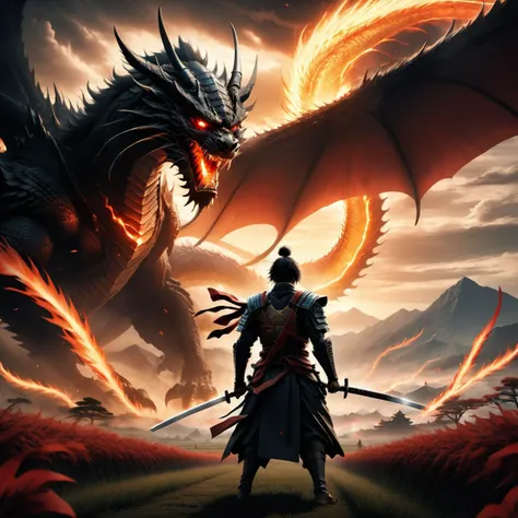 Climactic scene,a samurai with his katana standing in a field facing a distant giant dragon creature with a demonic face,glowing eyes,two outstretched wings,scaled muscular arms sharp claws,ready to start fight,intense scene,fire and air flows,8k ultrafine detail,attack on titan style,masterpiece,cinematic,(size difference),