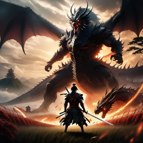 Climactic scene,a samurai with his katana standing in a field facing a distant giant dragon creature with a demonic face,glowing eyes,two outstretched wings,scaled muscular arms sharp claws,ready to start fight,intense scene,fire and air flows,8k ultrafine detail,attack on titan style,masterpiece,cinematic,(size difference),