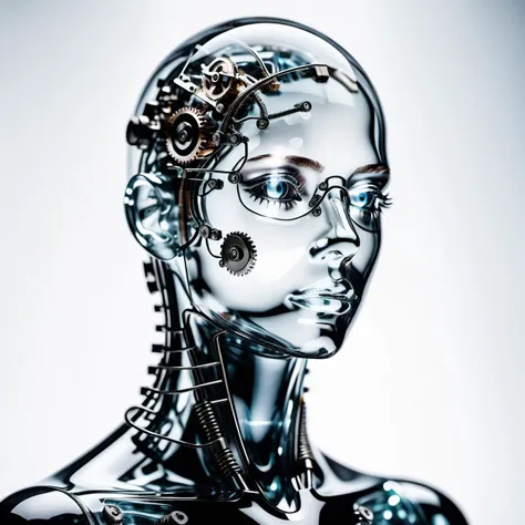 gear,Parts, transparent,a professional closeup, photo of a glass human, white background, transparent body, visible veins, highly detailed, head, upper body, breathtaking,