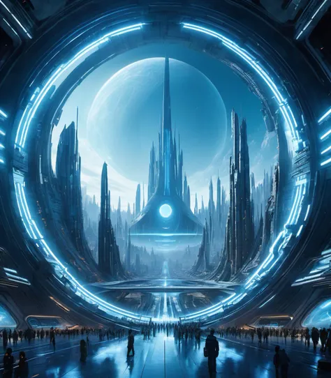 y4nn, a futuristic city with a huge circular structure in the center of it's center circle is a blue light, scifi, a detailed matte painting, space art, hyper detailed, glowing from the inside, masterpiece, best quality