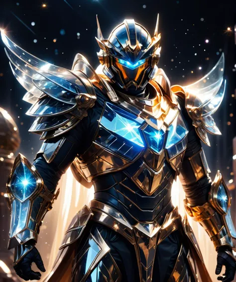 Transparent armor,Sequin,colored light,Crystal, glass, transparent, (realistic), masterpiece, best quality, lighting, natural shadows, highest detail, professional photography, detailed background, depth of field, ultra-crazy details, intricate, beautiful, subsurface scattering, dynamic perspective, up to walking along the crystal path in the universe, up to being illuminated by the sun's rays, stars twinkling around, comets and planets flying, a magical bright picture,