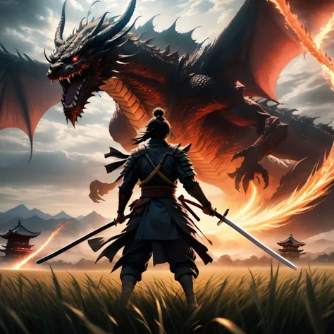 Climactic scene,a samurai with his katana standing in a field facing a distant giant dragon creature with a demonic face,glowing eyes,two outstretched wings,scaled muscular arms sharp claws,ready to start fight,intense scene,fire and air flows,8k ultrafine detail,attack on titan style,masterpiece,cinematic,(size difference),