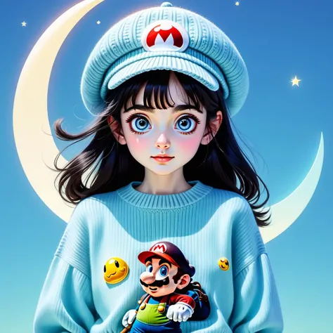 1girl,light bule background,big eyes,shining eyes,bule moon background,iridescent sweater,text"civitai",masterpiece,high quality,black hair,((Mario:1.0)),big Fisherman's hat,