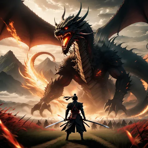 Climactic scene,a samurai with his katana standing in a field facing a distant giant dragon creature with a demonic face,glowing eyes,two outstretched wings,scaled muscular arms sharp claws,ready to start fight,intense scene,fire and air flows,8k ultrafine detail,attack on titan style,masterpiece,cinematic,(size difference),