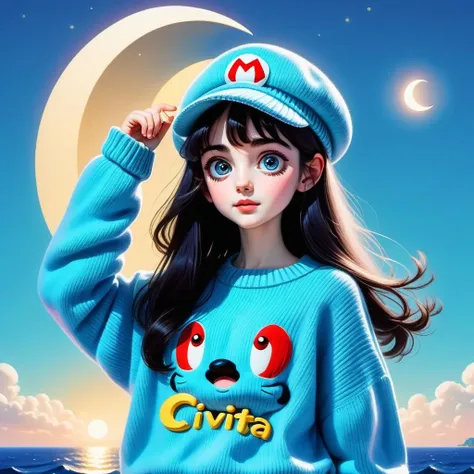 1girl,light bule background,big eyes,shining eyes,bule moon background,iridescent sweater,text"civitai",masterpiece,high quality,black hair,((Mario:1.0)),big Fisherman's hat,