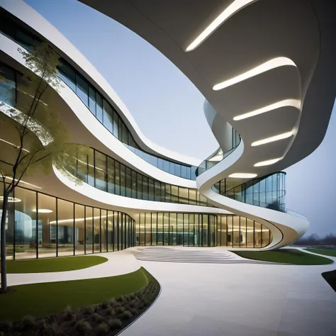 Streamlined Structures A large building with a curved walkway and a glass wall - SeaArt AI