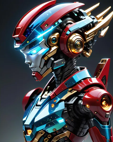 android,wearing mecha,red clothes are like fire,gold edged inlay with jade color,biomimetic human facial features,glowing eyes,nose,open mouth,breasts,blue eyes,simple body structure,clean components without holes,grey background,robot,small breasts,ultra thin material,in battle,Cyberpunk,futurism,projectionholographic display,blue holographic halo wanxiang,wanxiang,